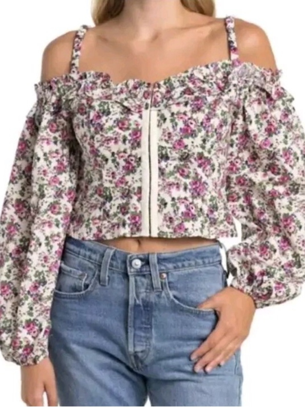 ASTR The Label Women Off-The-Shoulder Purple Fuchsia Ditsy Floral Top Size S NWT